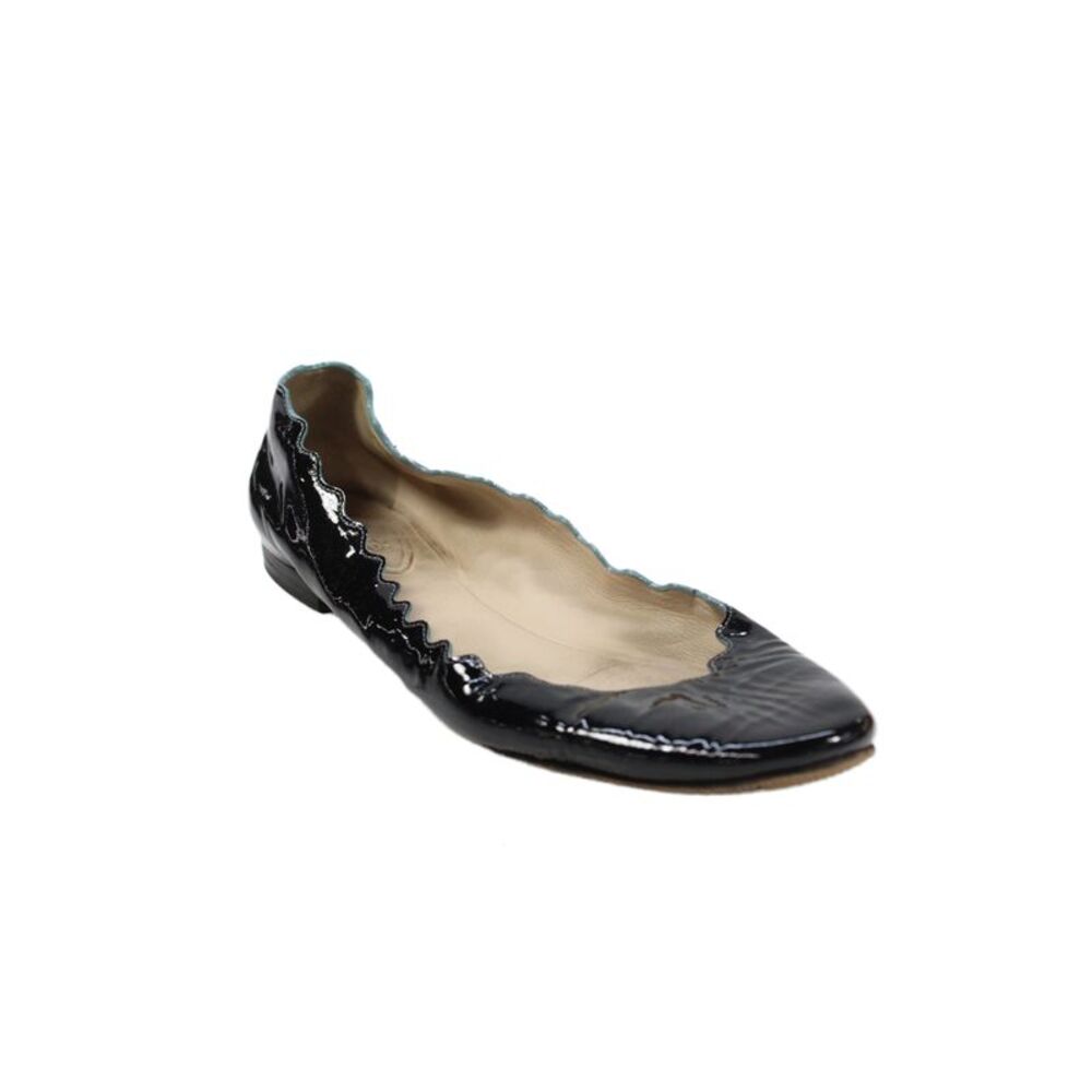 Chloe Womens Patent Leather Scalloped Ballet Flats Black Size 8